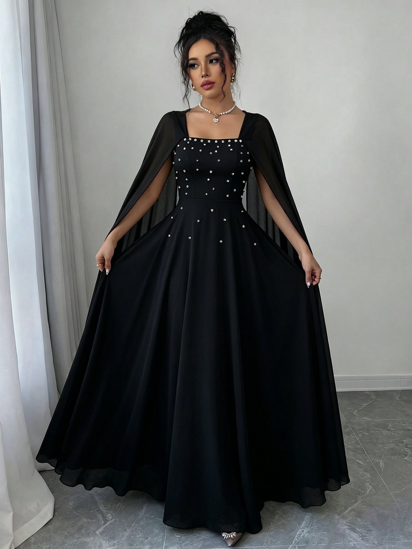 Black Embellished Square Neck Cape Maxi Dress