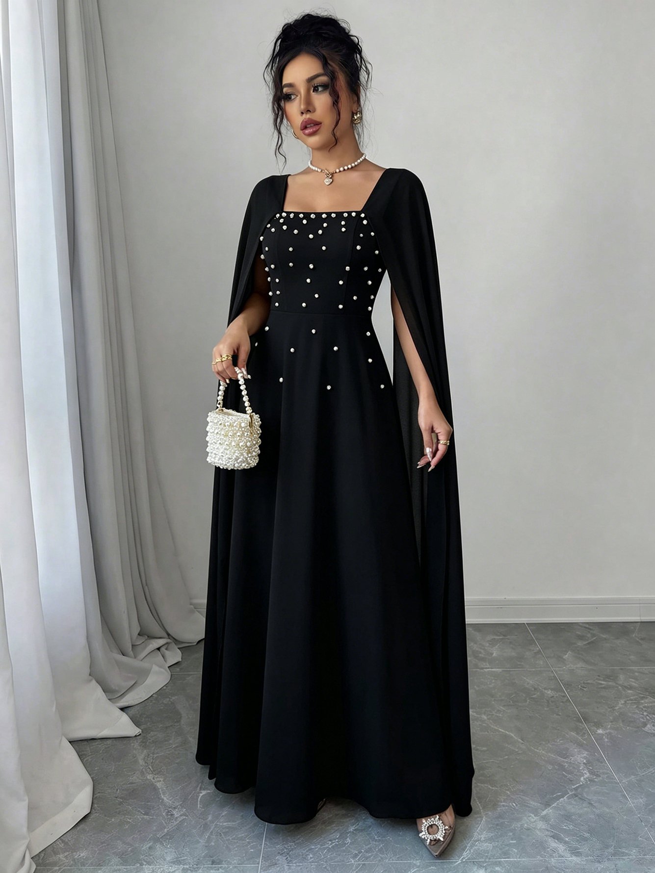 Black Embellished Square Neck Cape Maxi Dress