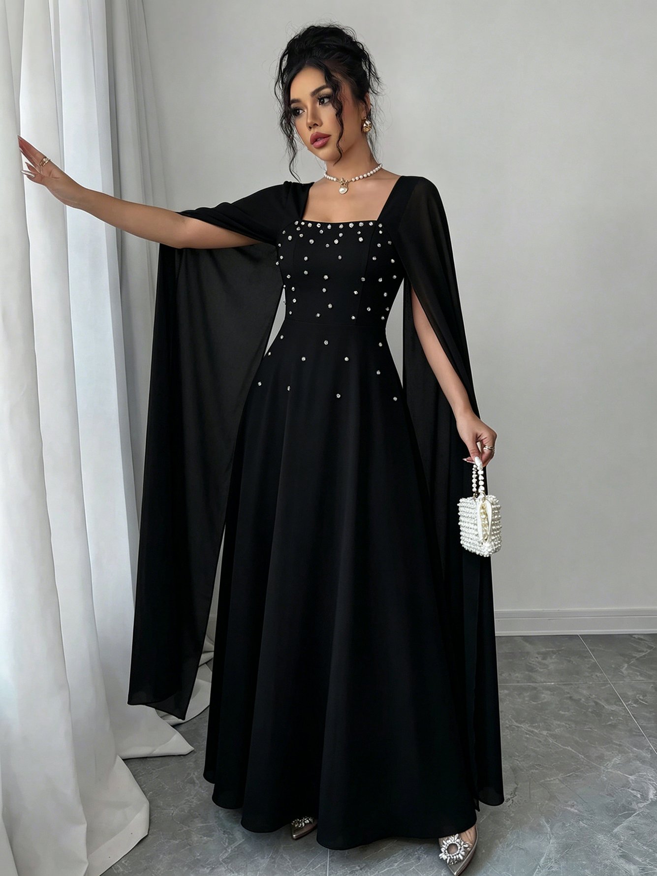 Black Embellished Square Neck Cape Maxi Dress