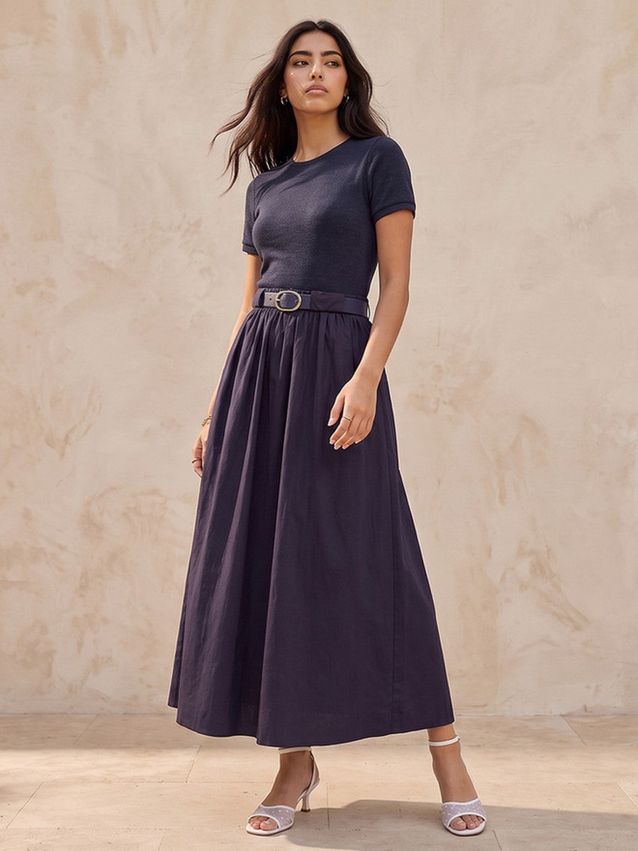 Maxi A-Line Cotton Dress with Belt