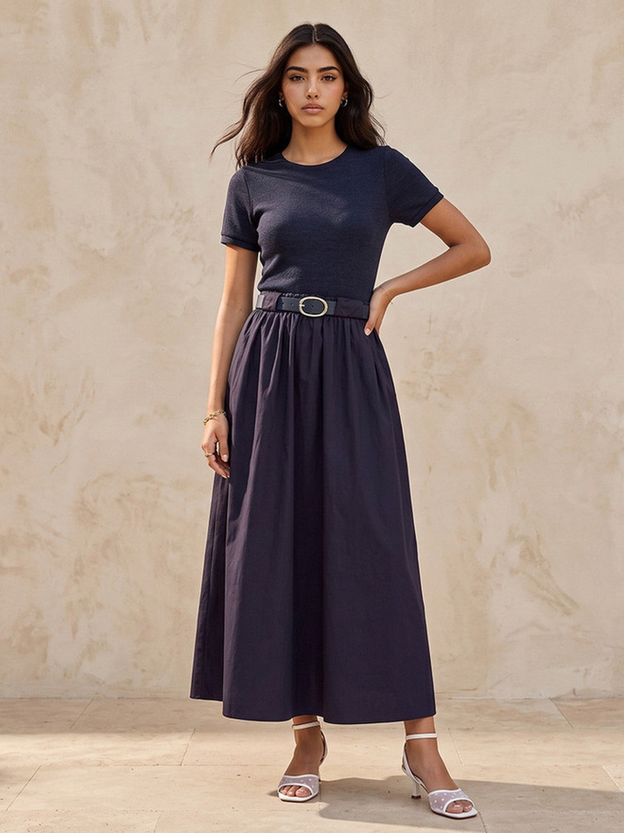 Maxi A-Line Cotton Dress with Belt