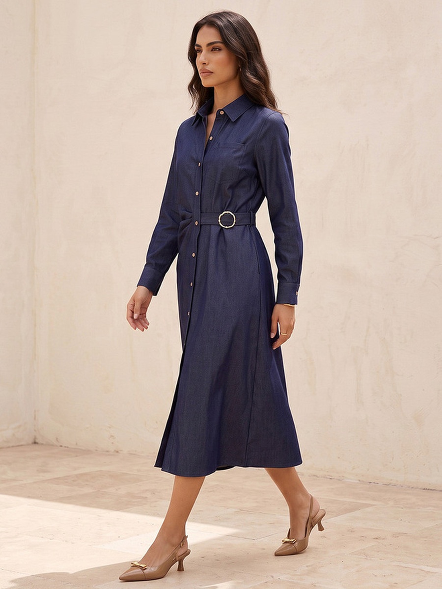 Midi Shirt Dress with Buckle Accent