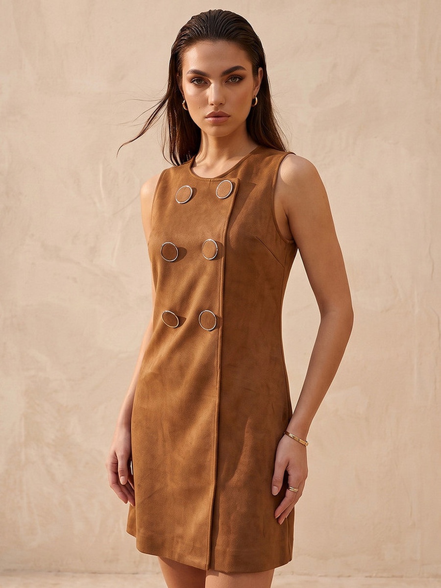 Mini Suede Shift Dress with Button Accent