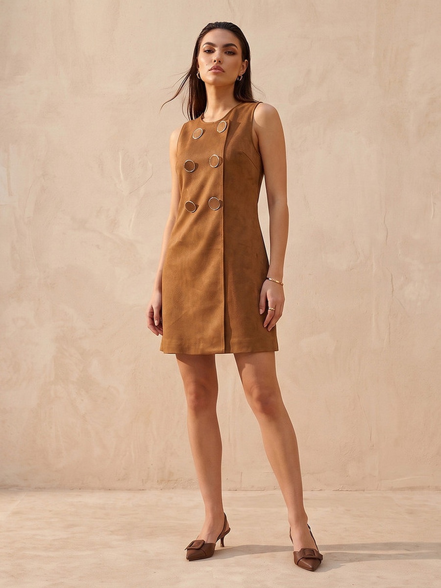 Mini Suede Shift Dress with Button Accent