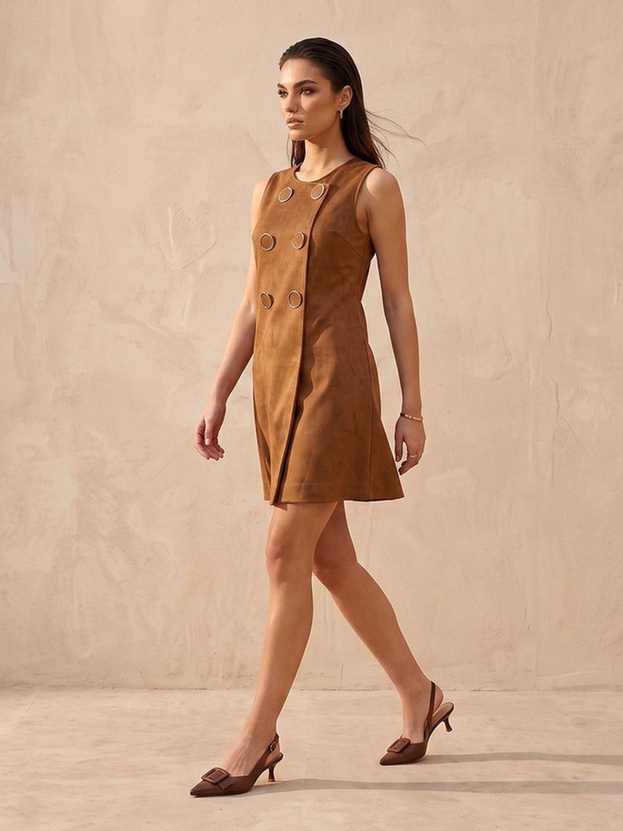 Mini Suede Shift Dress with Button Accent