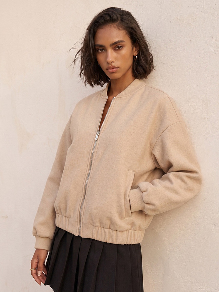 Melton Felt Regular Bomber Jacket with Zip Closure