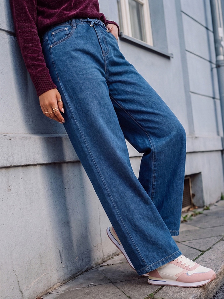 Straight Fit Cotton Trousers with Drawstring Waist