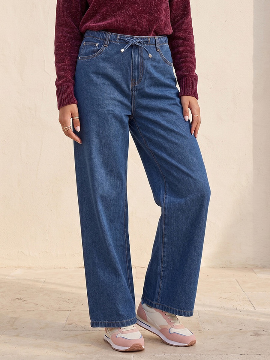 Straight Fit Cotton Trousers with Drawstring Waist