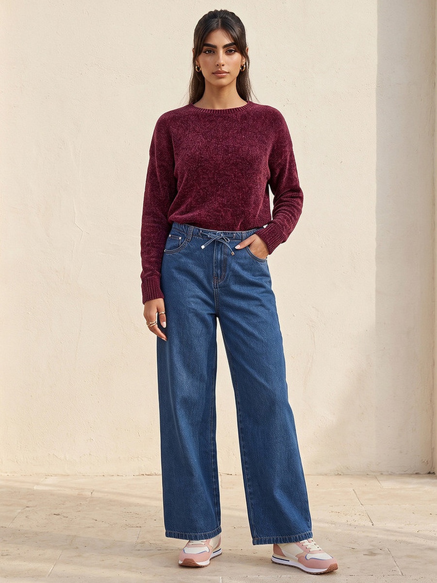 Straight Fit Cotton Trousers with Drawstring Waist