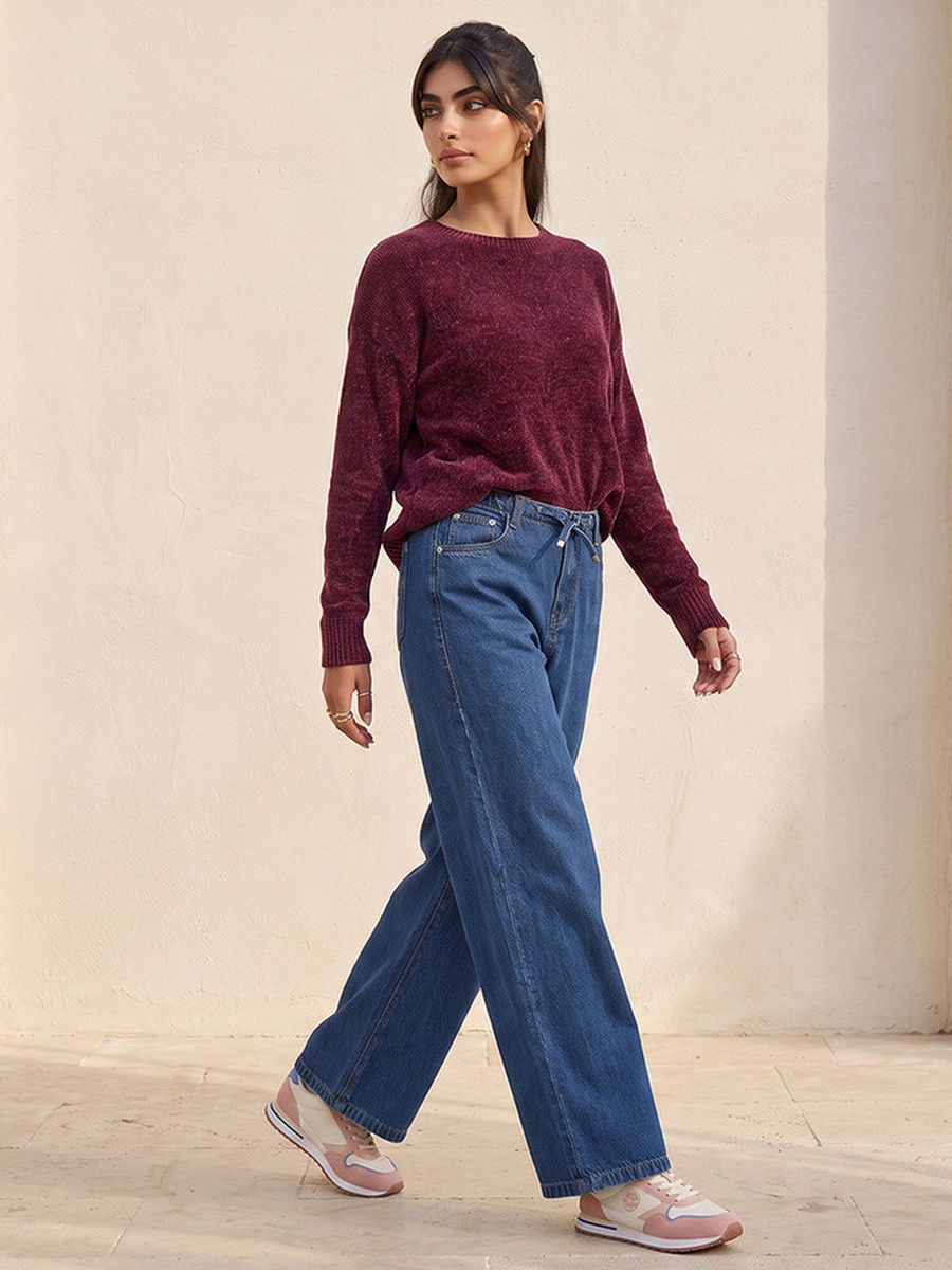 Straight Fit Cotton Trousers with Drawstring Waist