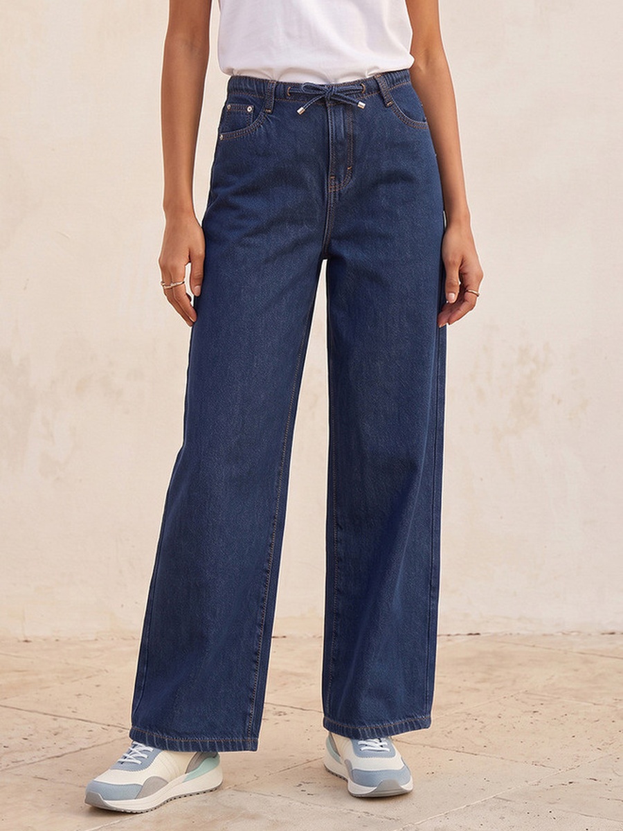 Straight Fit Cotton Trousers with Drawstring Waist