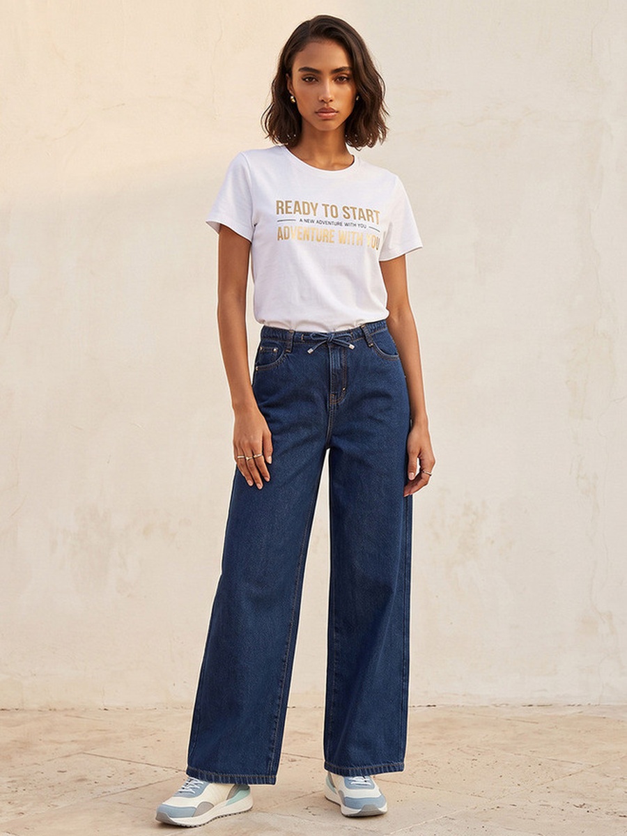 Straight Fit Cotton Trousers with Drawstring Waist