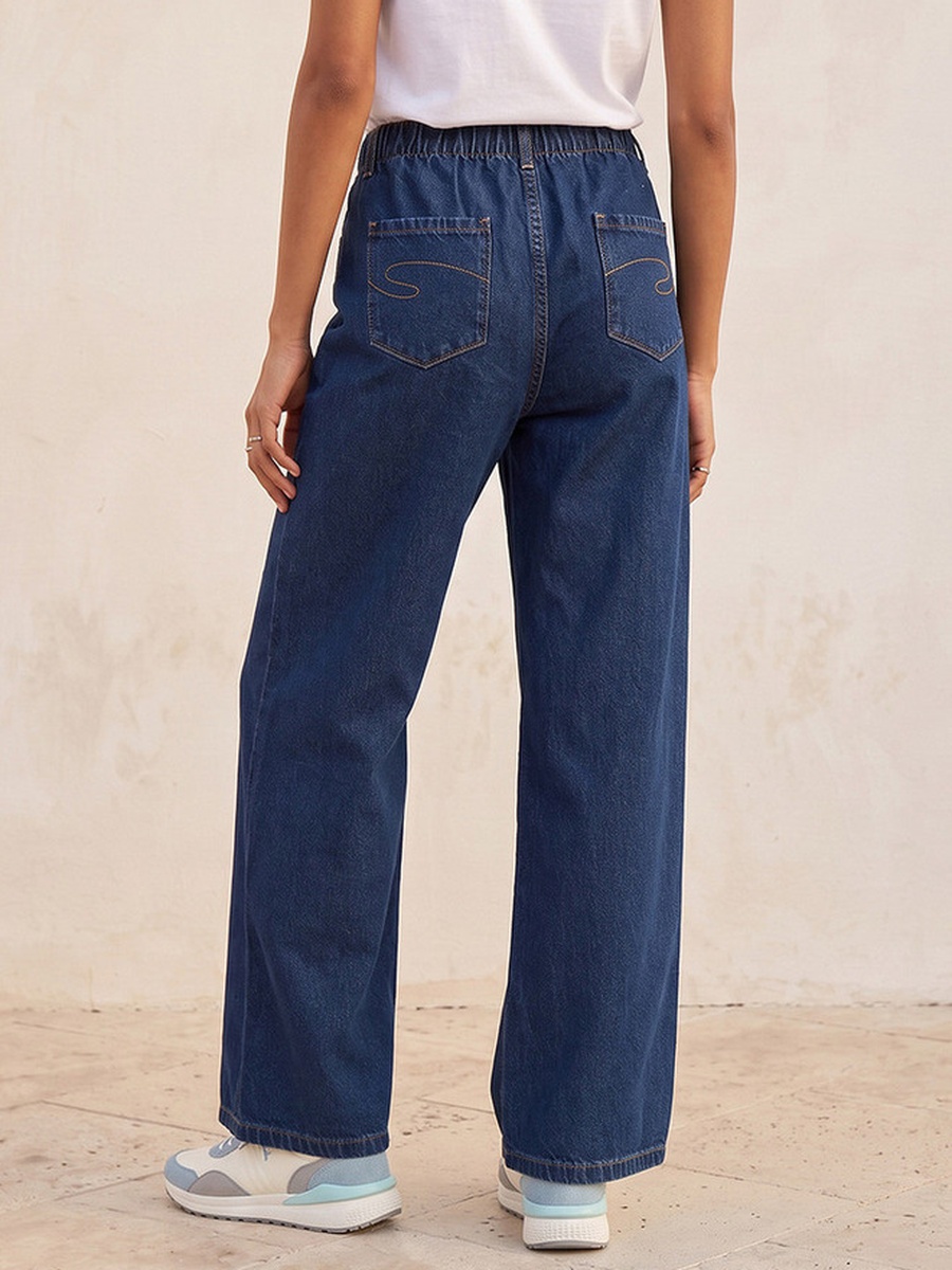 Straight Fit Cotton Trousers with Drawstring Waist