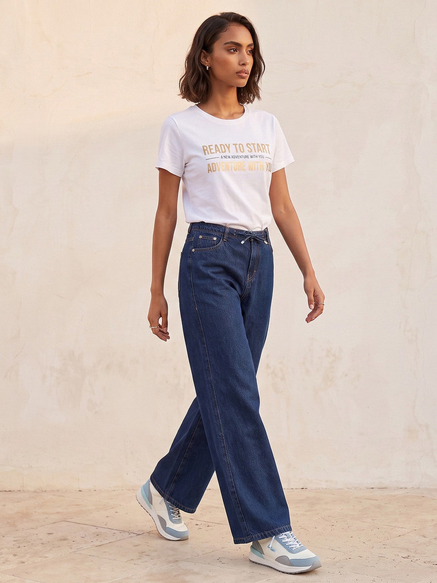Straight Fit Cotton Trousers with Drawstring Waist