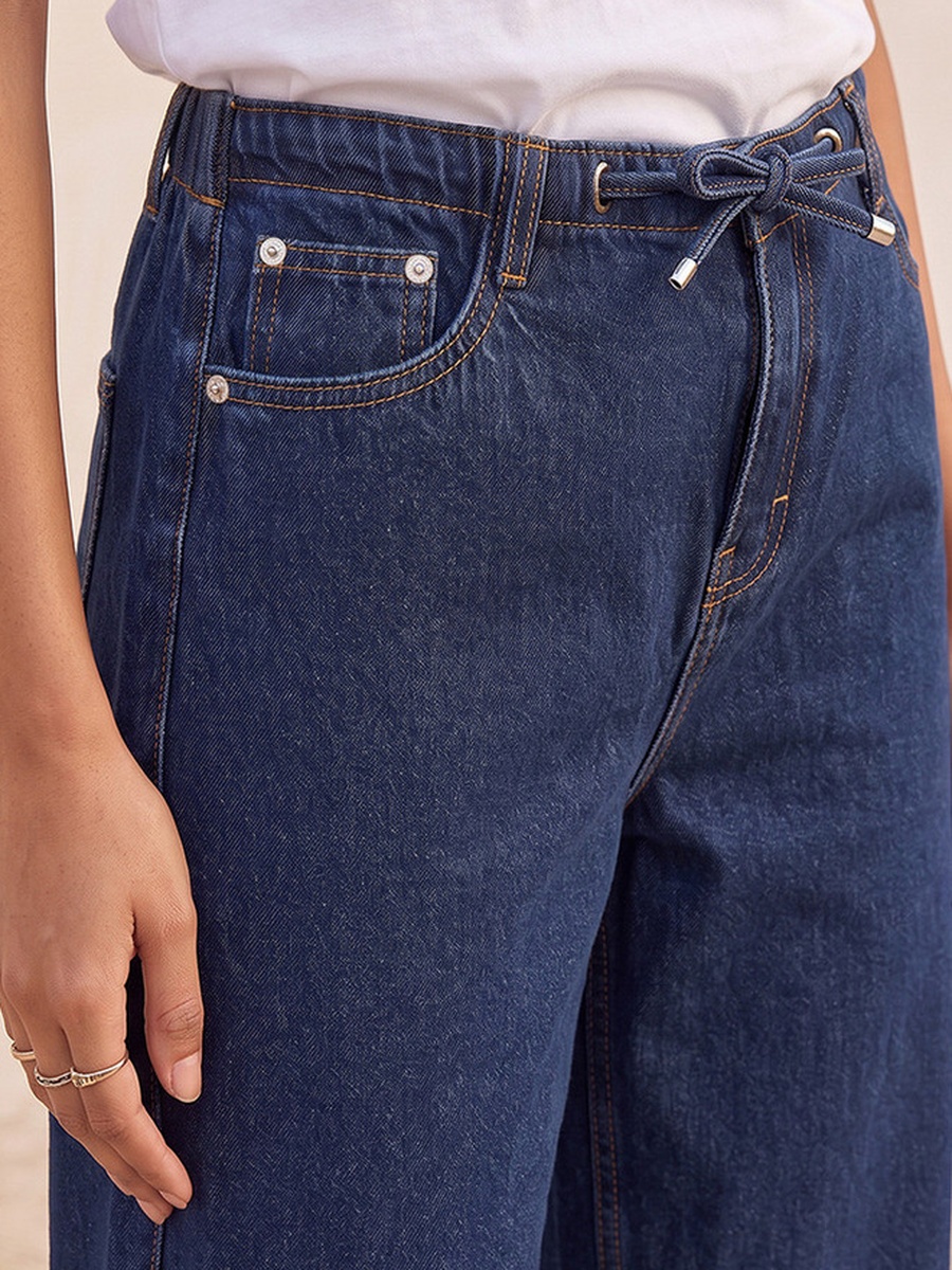 Straight Fit Cotton Trousers with Drawstring Waist