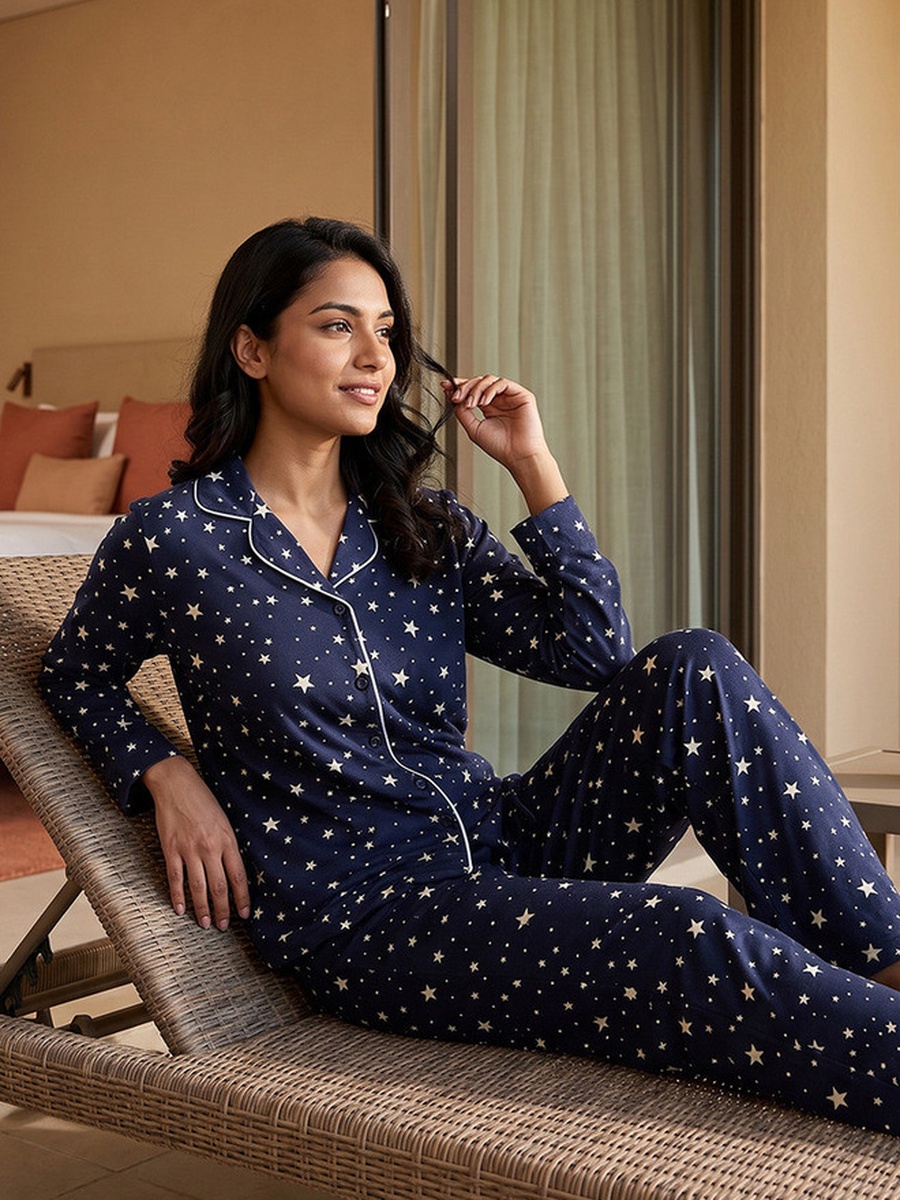 Cotton Printed Button-Down Shirt and Pyjama Set