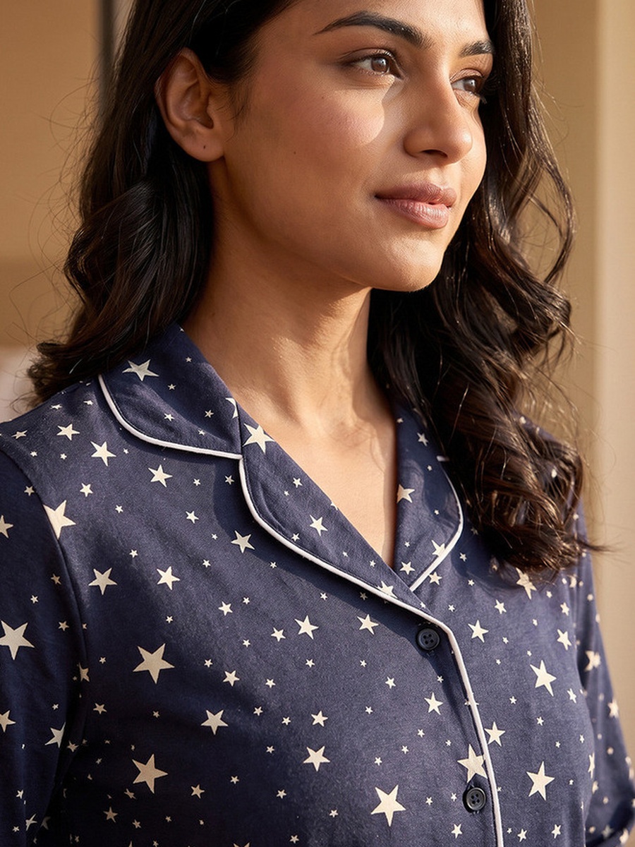 Cotton Printed Button-Down Shirt and Pyjama Set