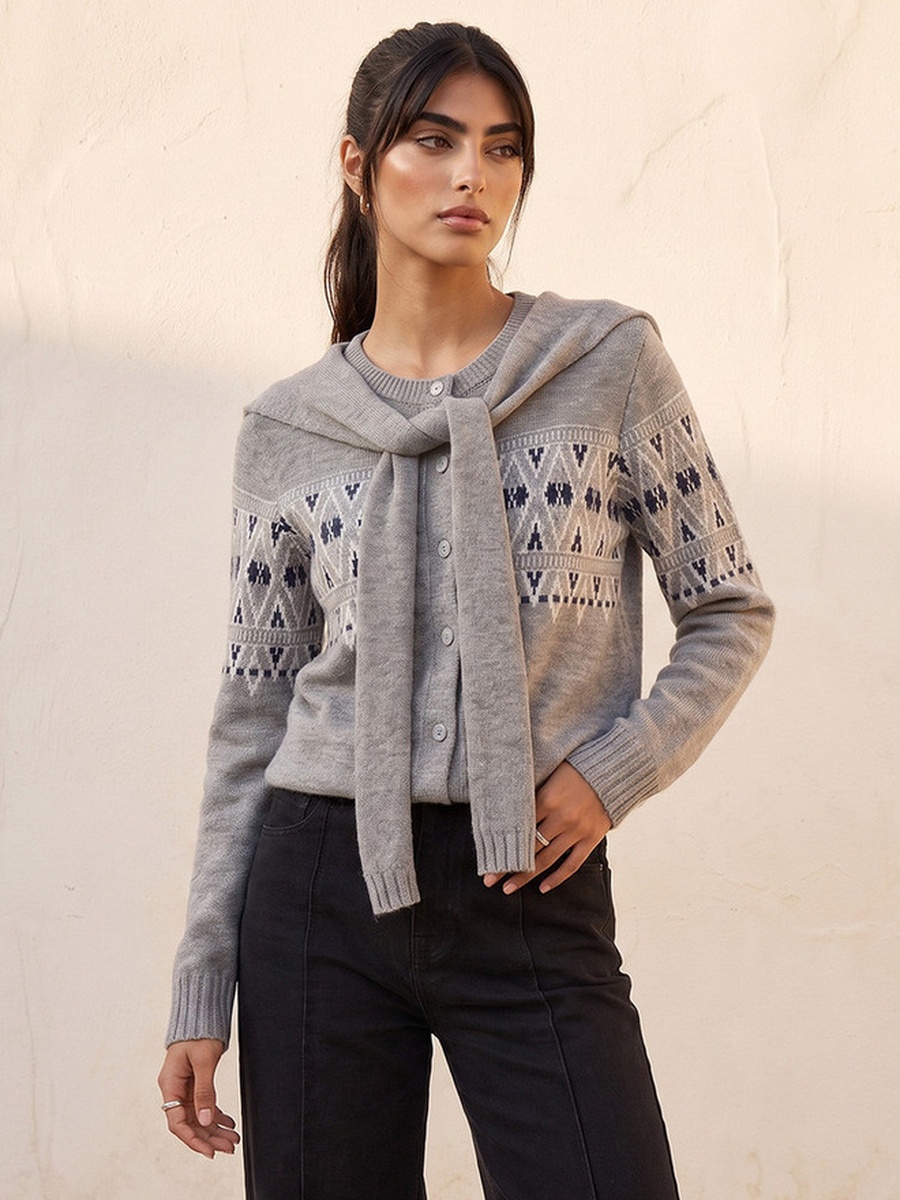 Textured Cardigan with Tie-Up Scarf