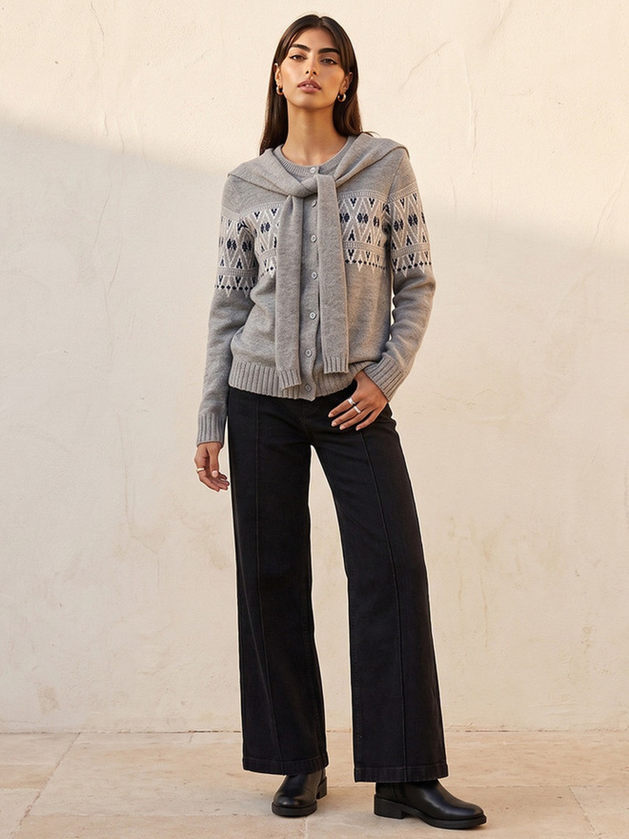 Textured Cardigan with Tie-Up Scarf