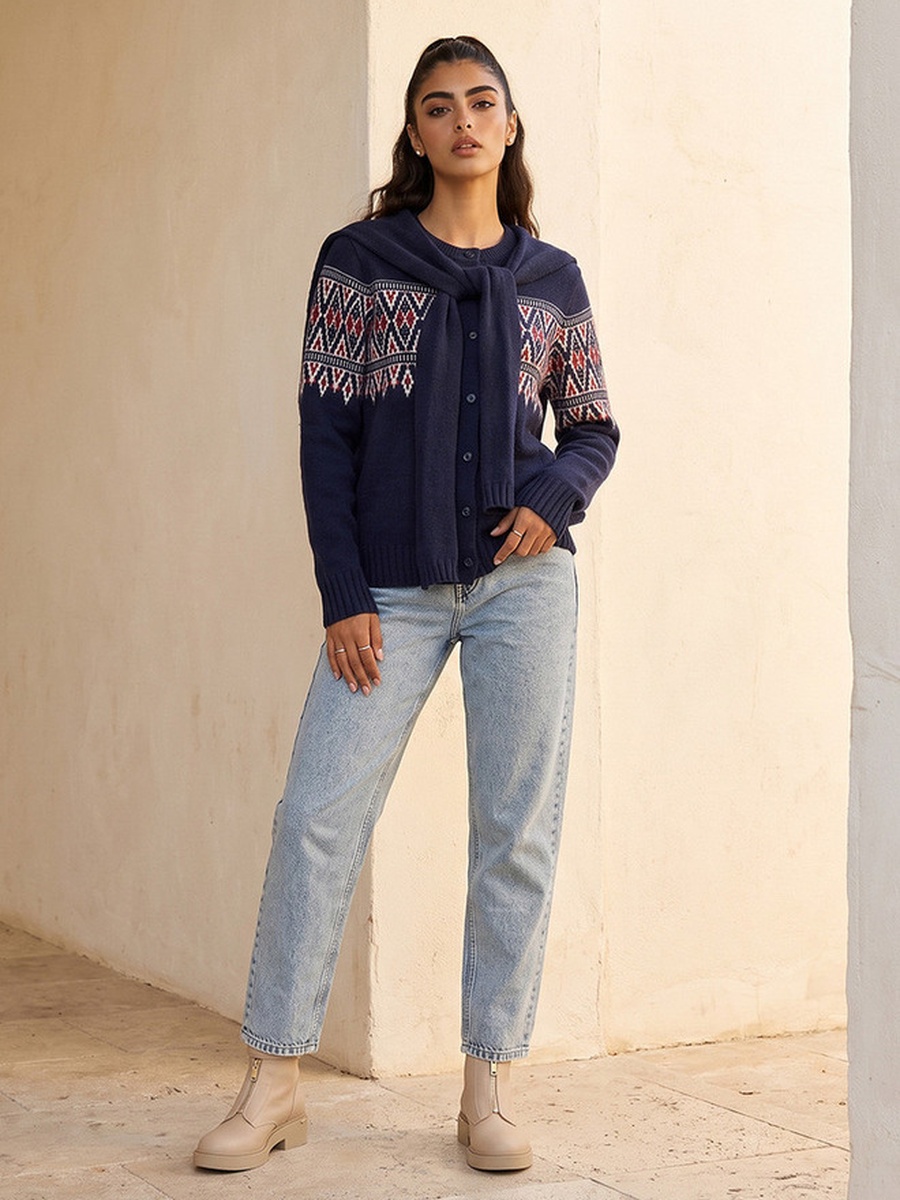 Textured Cardigan with Tie-Up Scarf