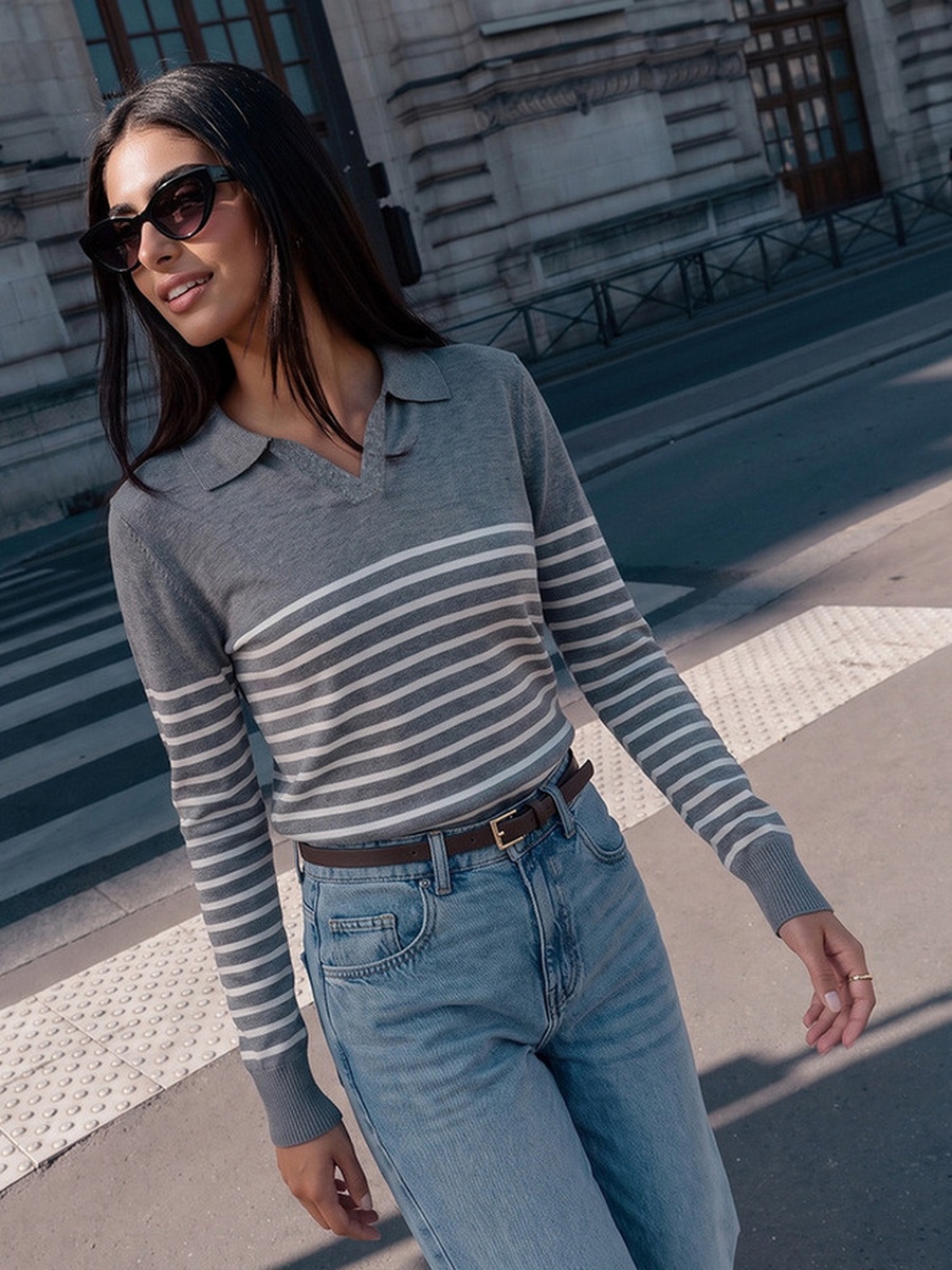 Striped Sweater with Polo Collar