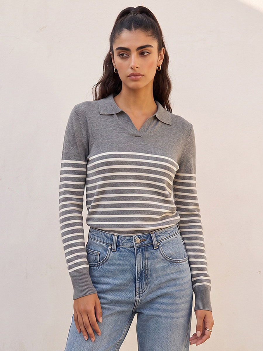 Striped Sweater with Polo Collar