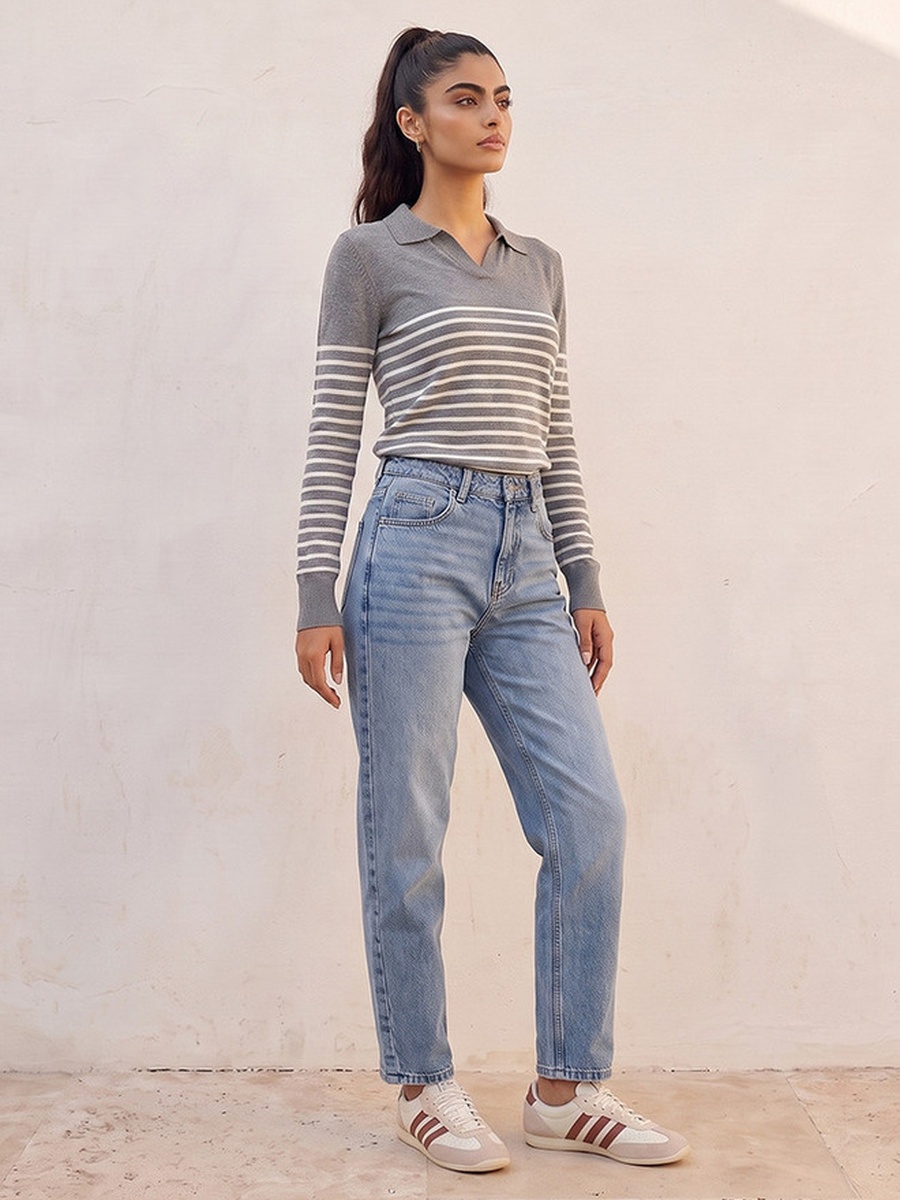 Striped Sweater with Polo Collar