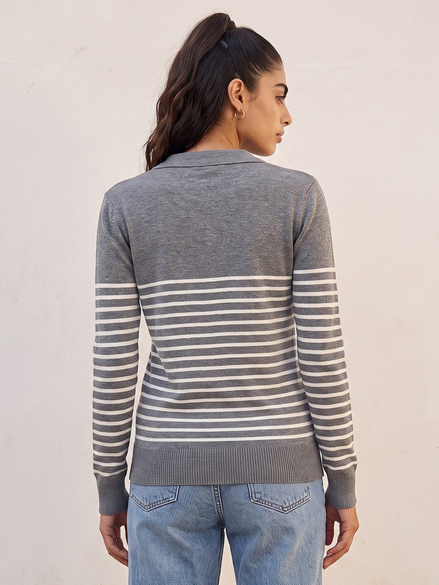Striped Sweater with Polo Collar