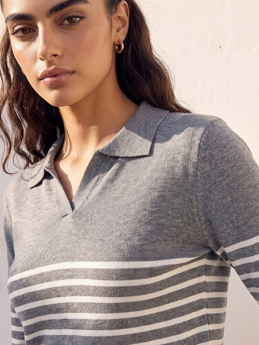 Striped Sweater with Polo Collar