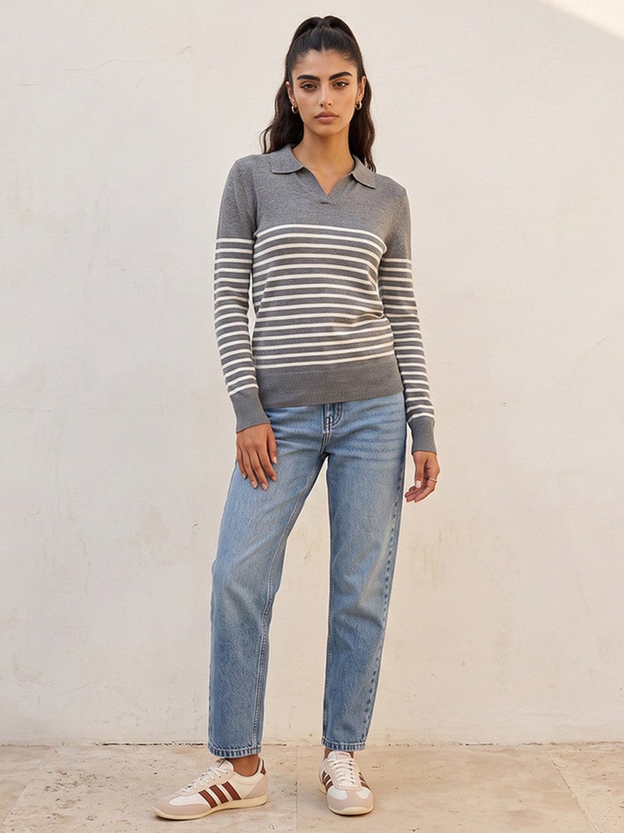 Striped Sweater with Polo Collar
