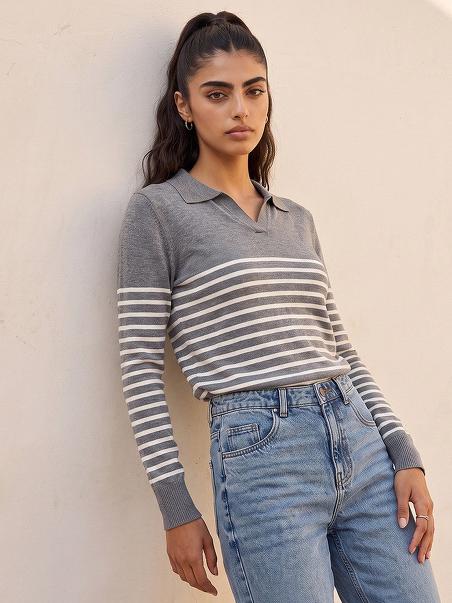 Striped Sweater with Polo Collar