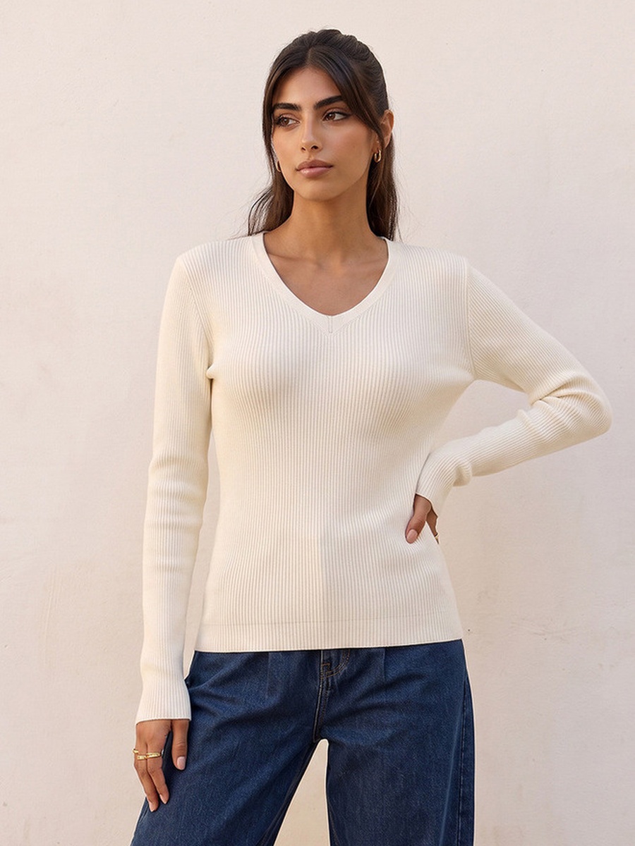Regular Fit Ribbed Sweater with V Neck