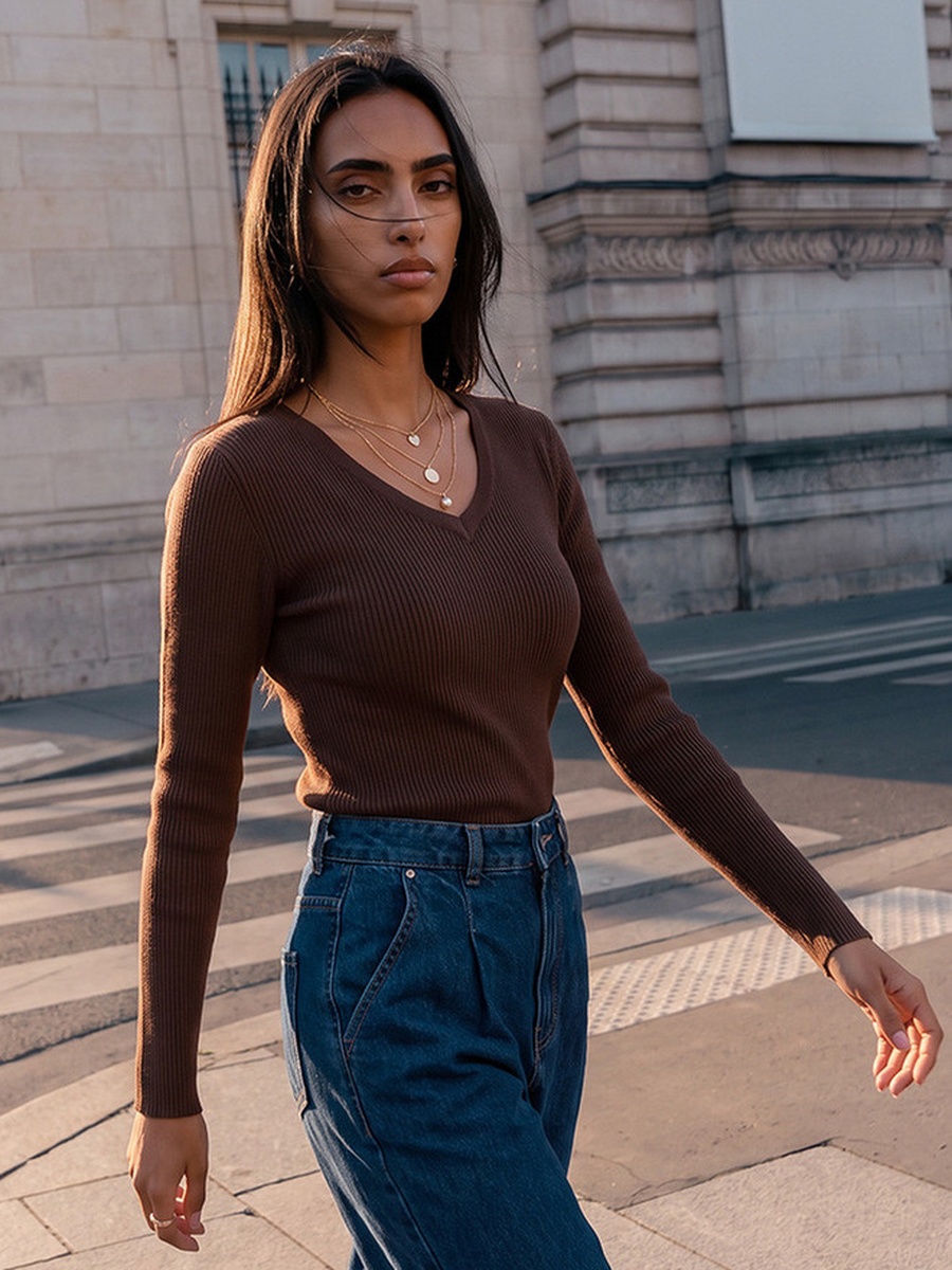 Regular Fit Ribbed Sweater with V Neck