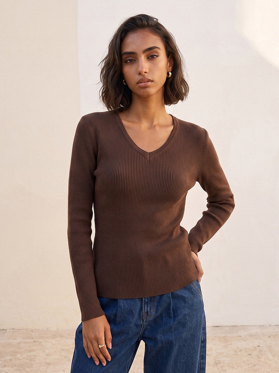 Regular Fit Ribbed Sweater with V Neck