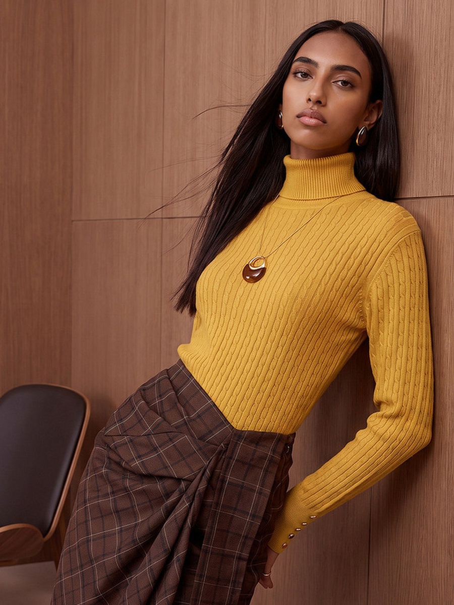 Regular Fit Cable Knit Sweater with Turtleneck