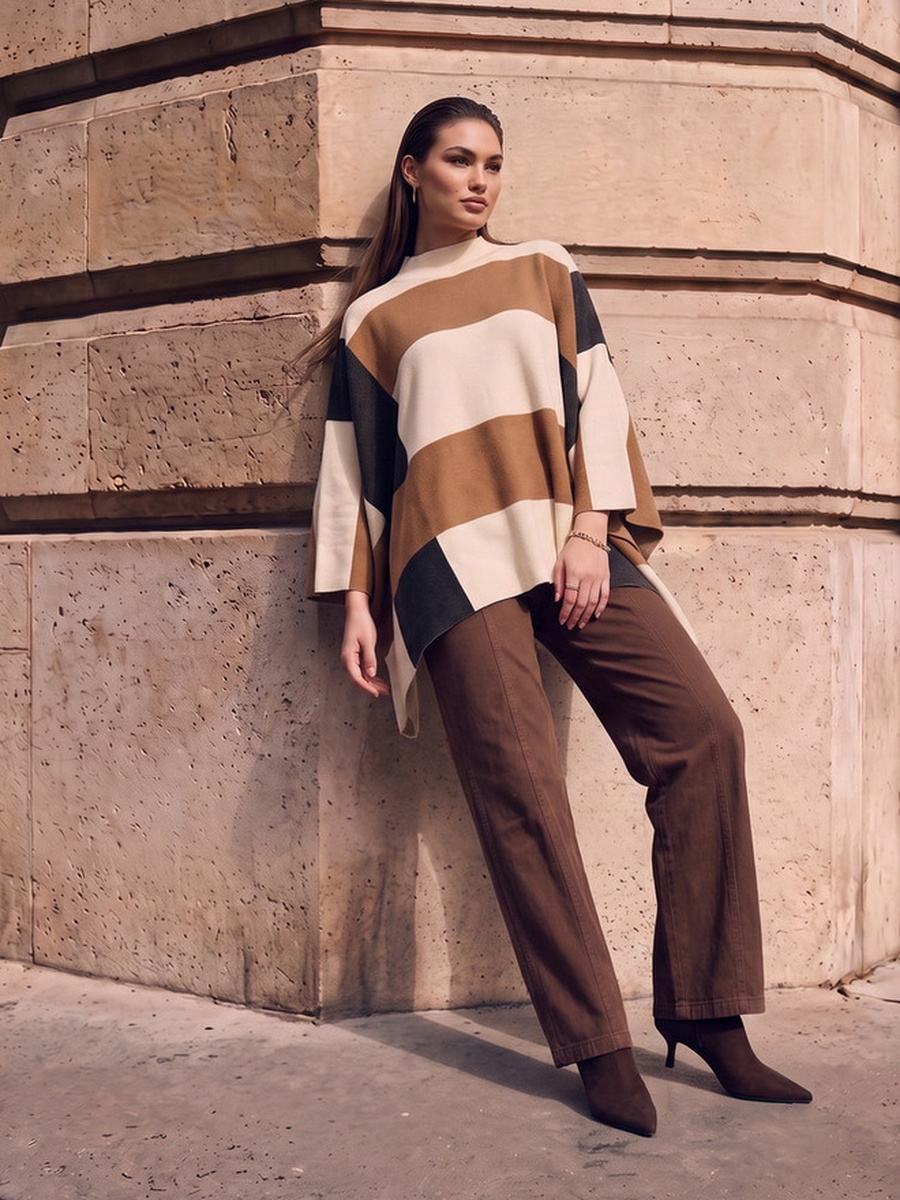 Panelled Poncho with High Neck