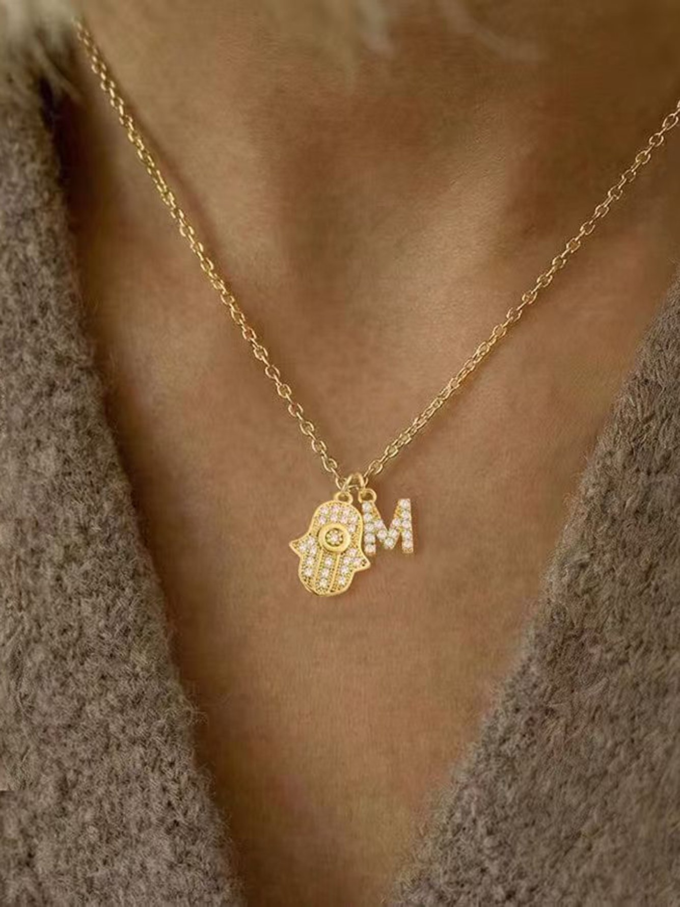 Gold Plated Hamsa and Initial Charm Necklace