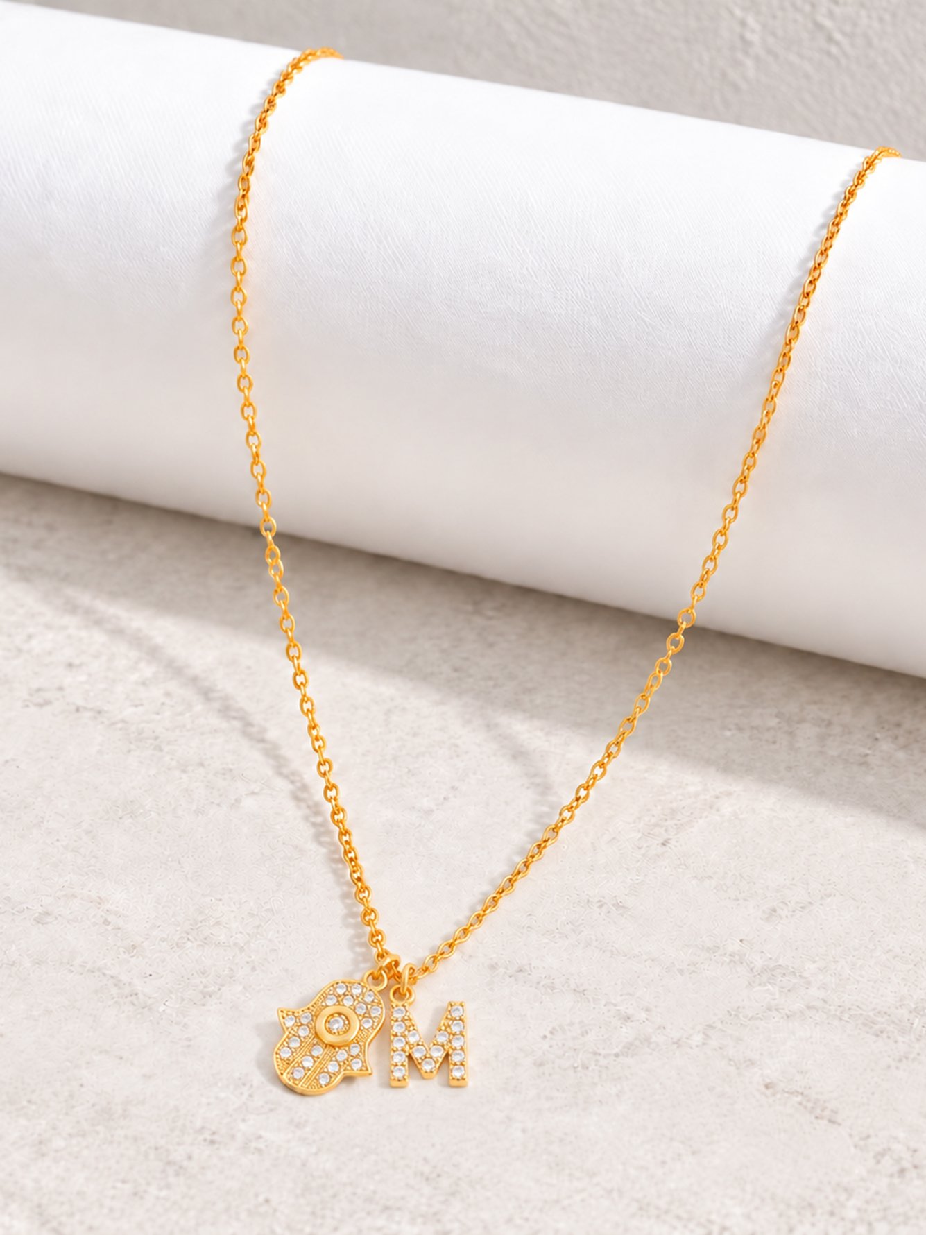 Gold Plated Hamsa and Initial Charm Necklace