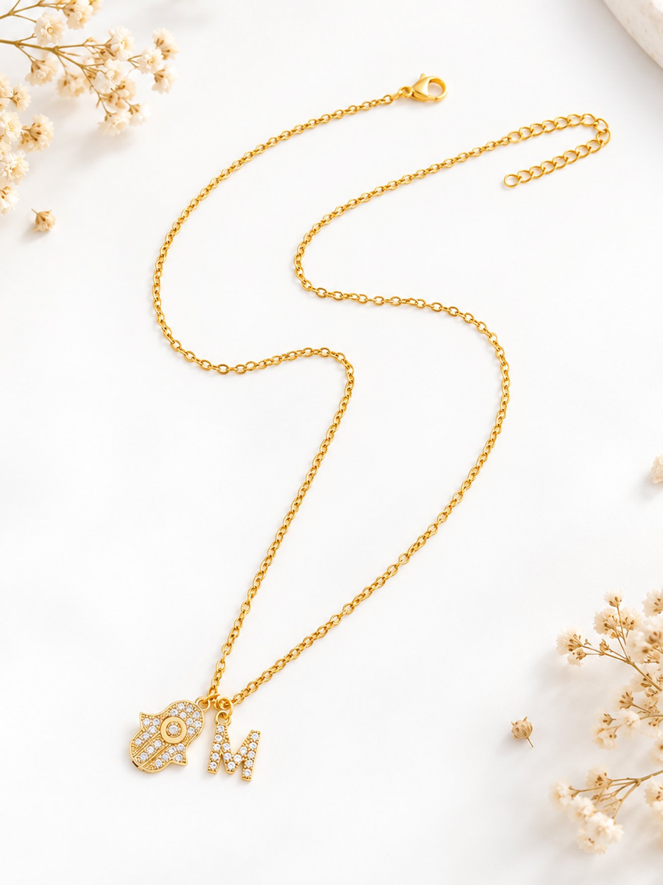 Gold Plated Hamsa and Initial Charm Necklace