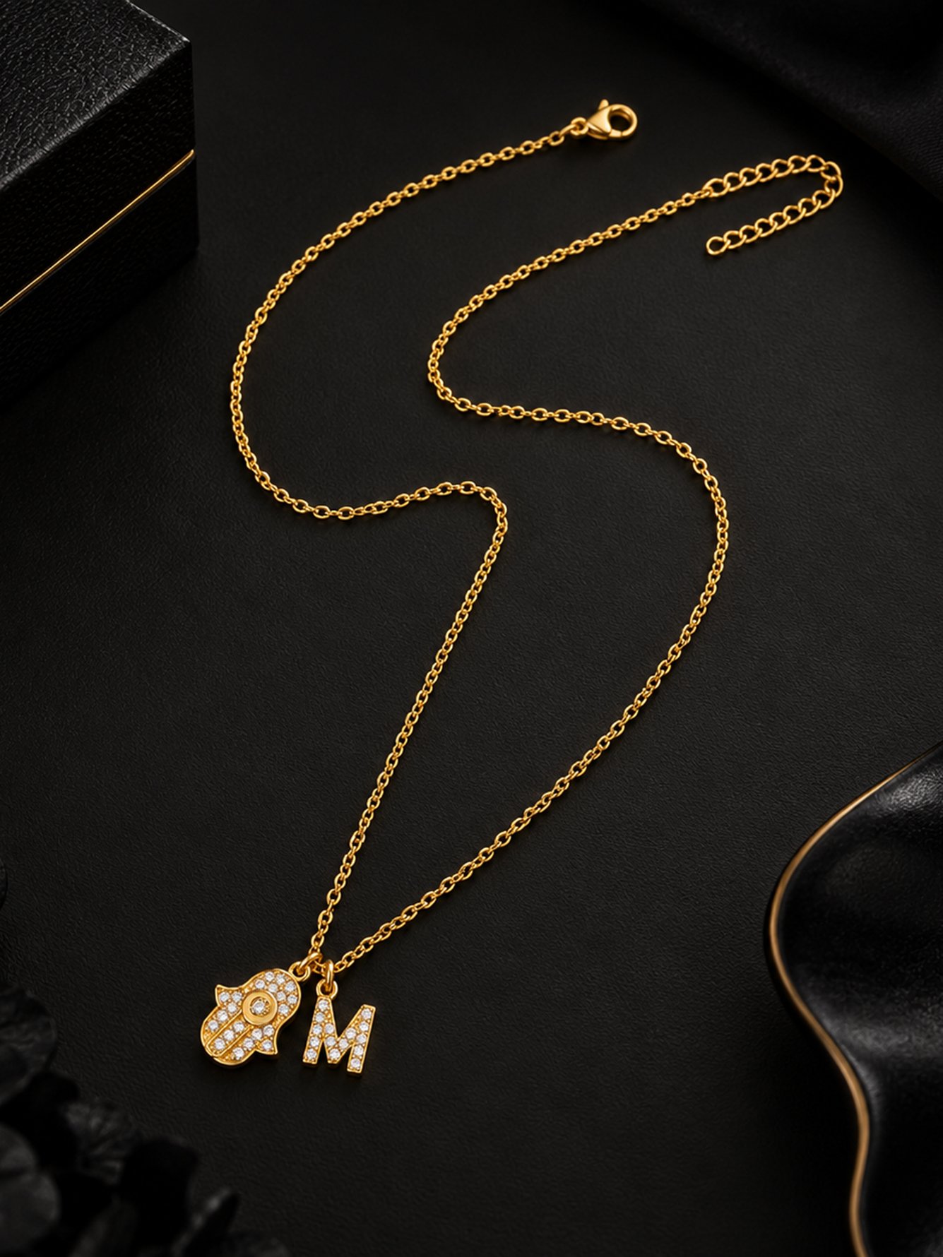 Gold Plated Hamsa and Initial Charm Necklace