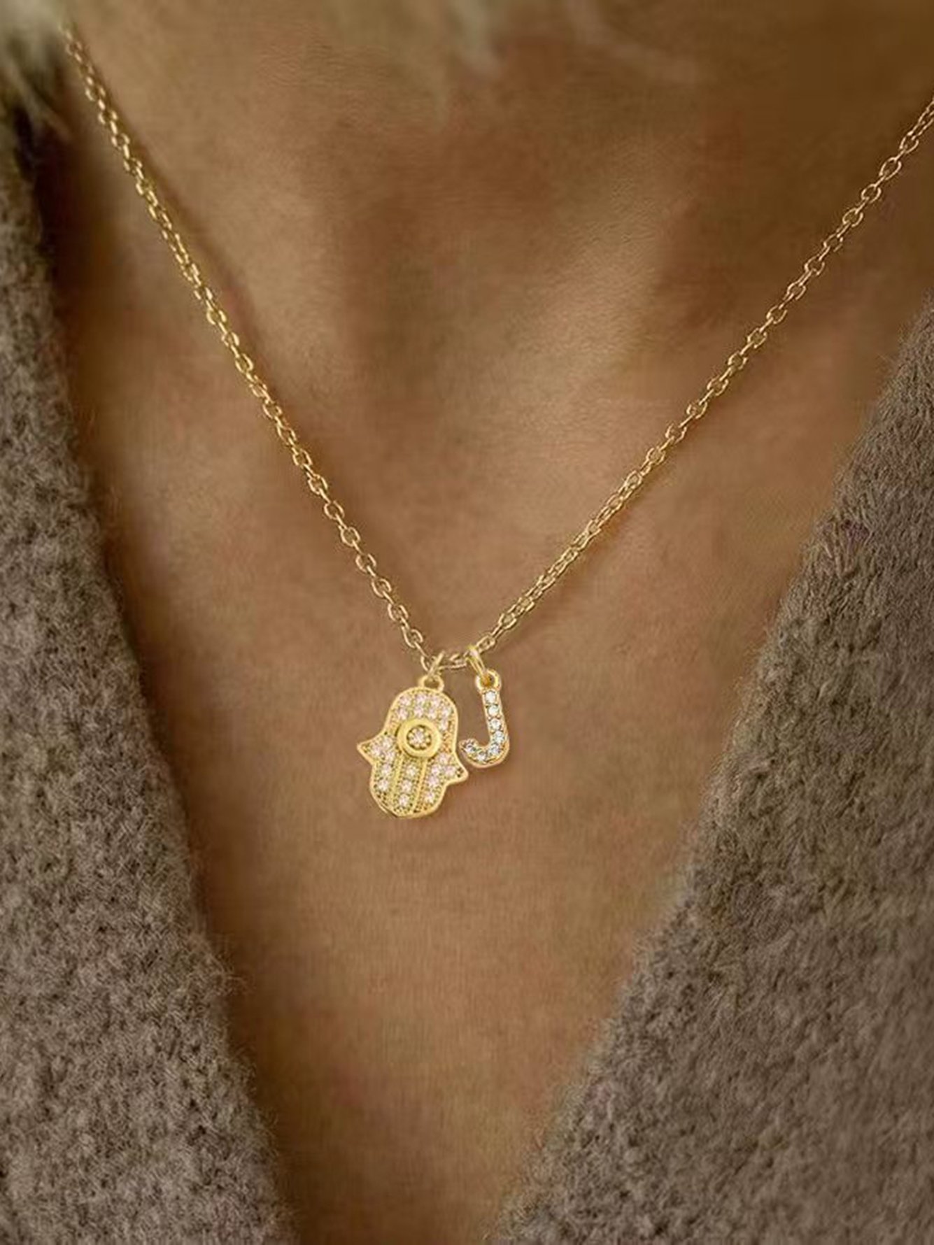 Gold Plated Hamsa and Initial Charm Necklace