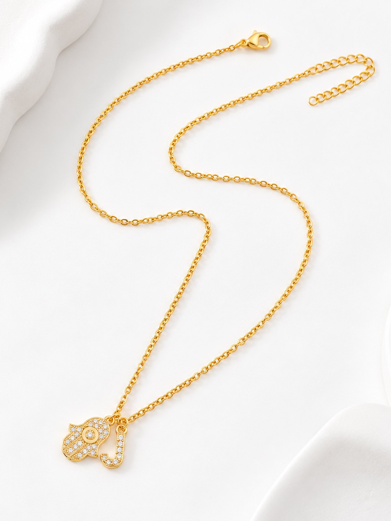 Gold Plated Hamsa and Initial Charm Necklace