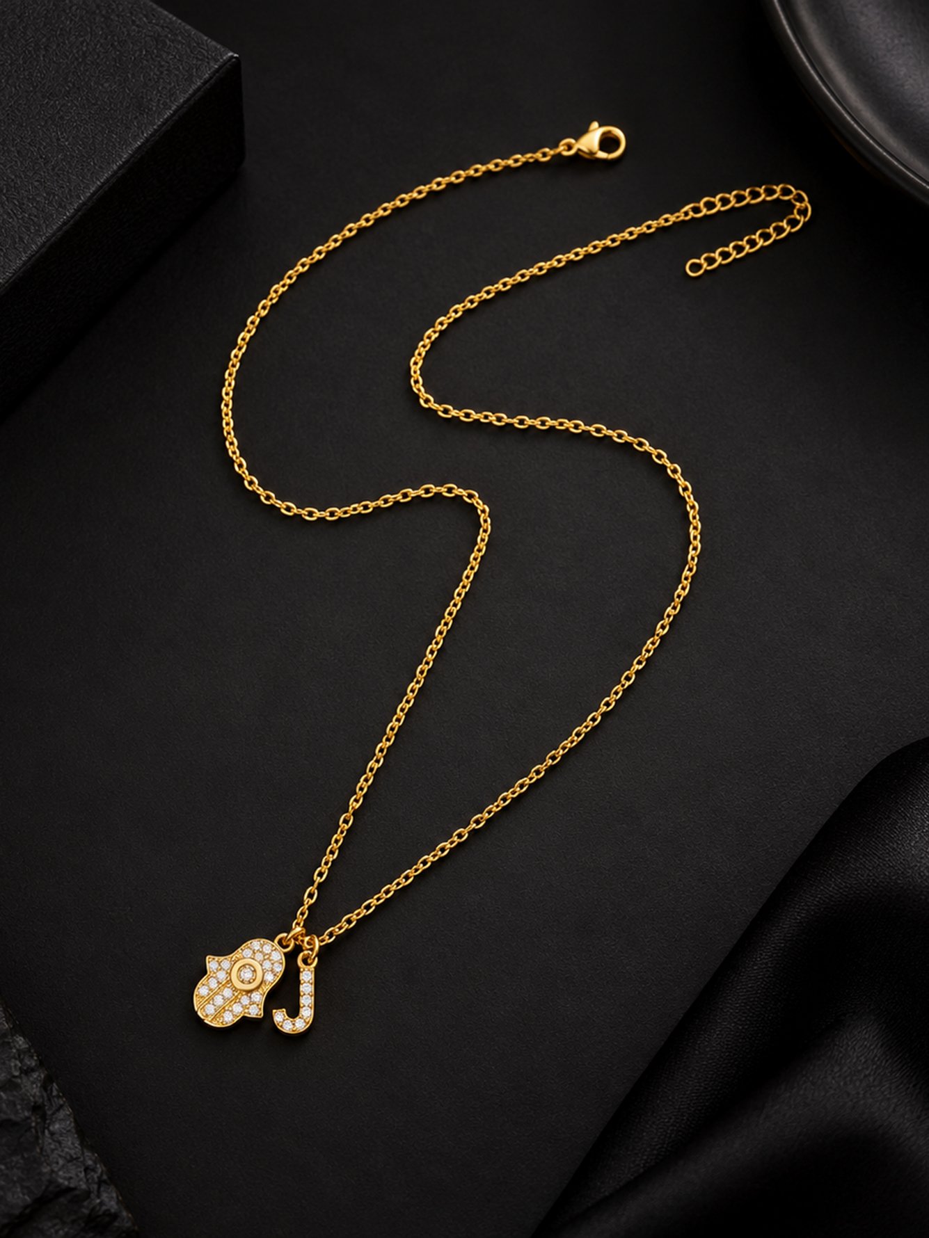 Gold Plated Hamsa and Initial Charm Necklace