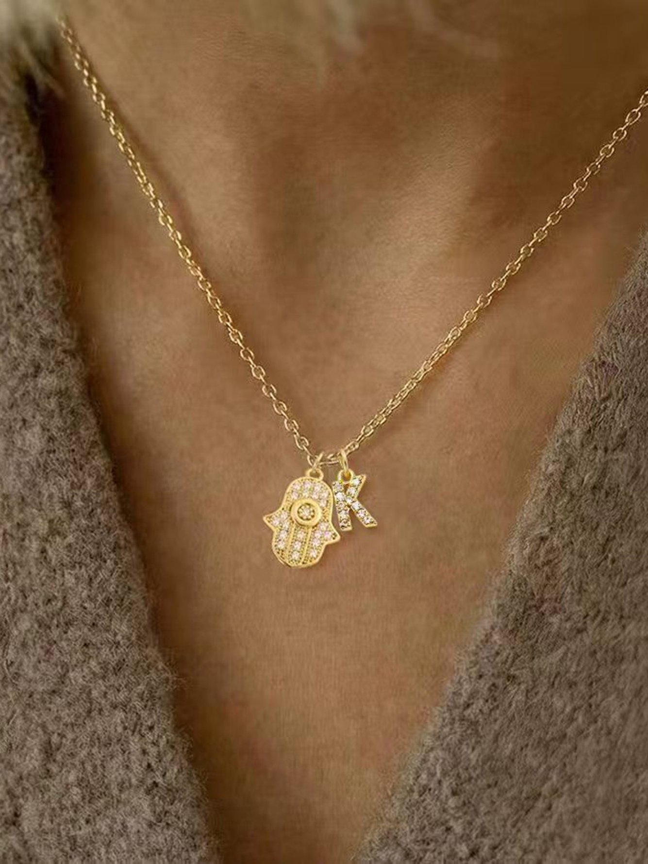 Gold Plated Hamsa and Initial Charm Necklace