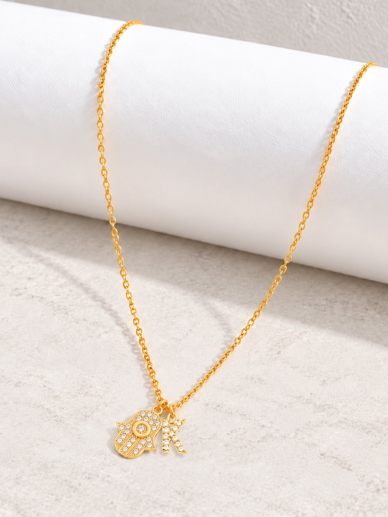 Gold Plated Hamsa and Initial Charm Necklace