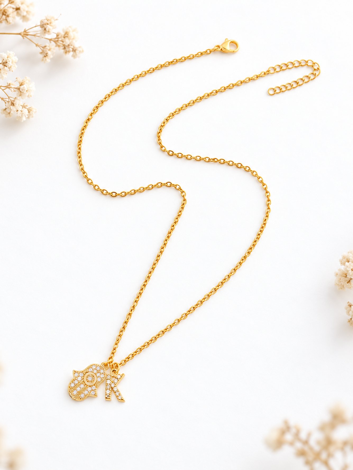 Gold Plated Hamsa and Initial Charm Necklace