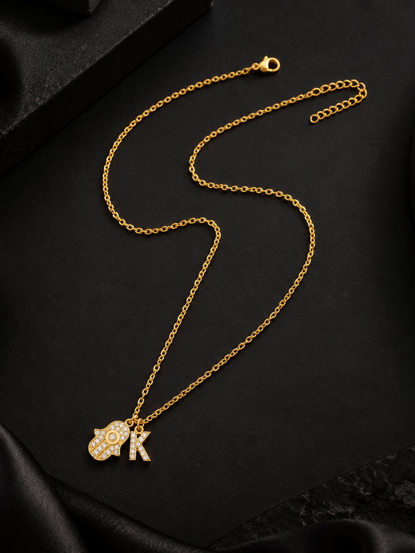 Gold Plated Hamsa and Initial Charm Necklace