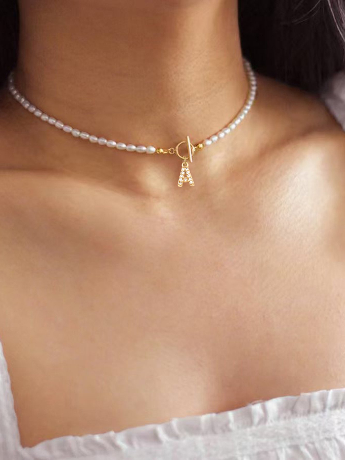 Initial A Pearl Choker Necklace