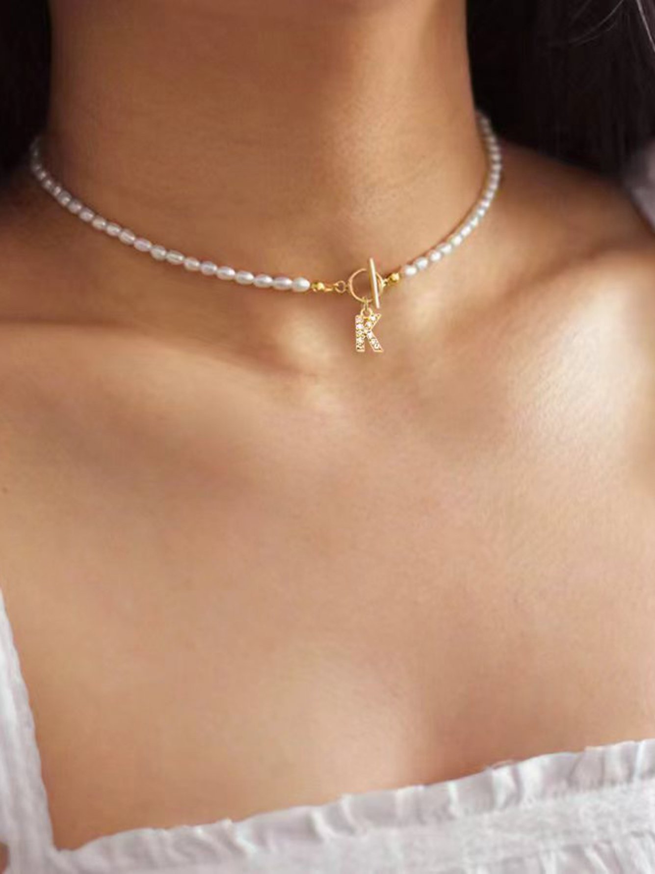 Initial Pearl Choker Necklace