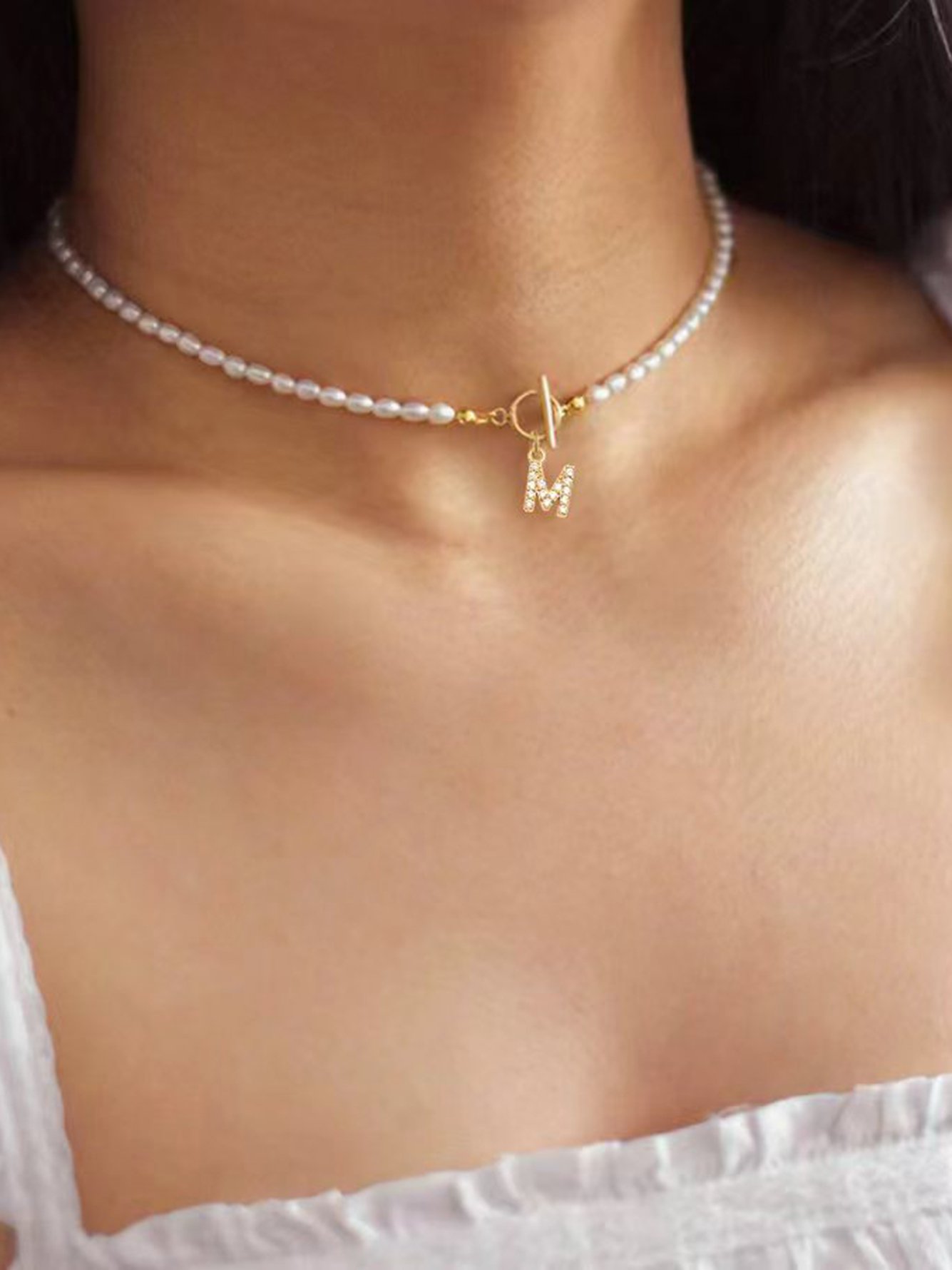 Initial Pearl Choker Necklace